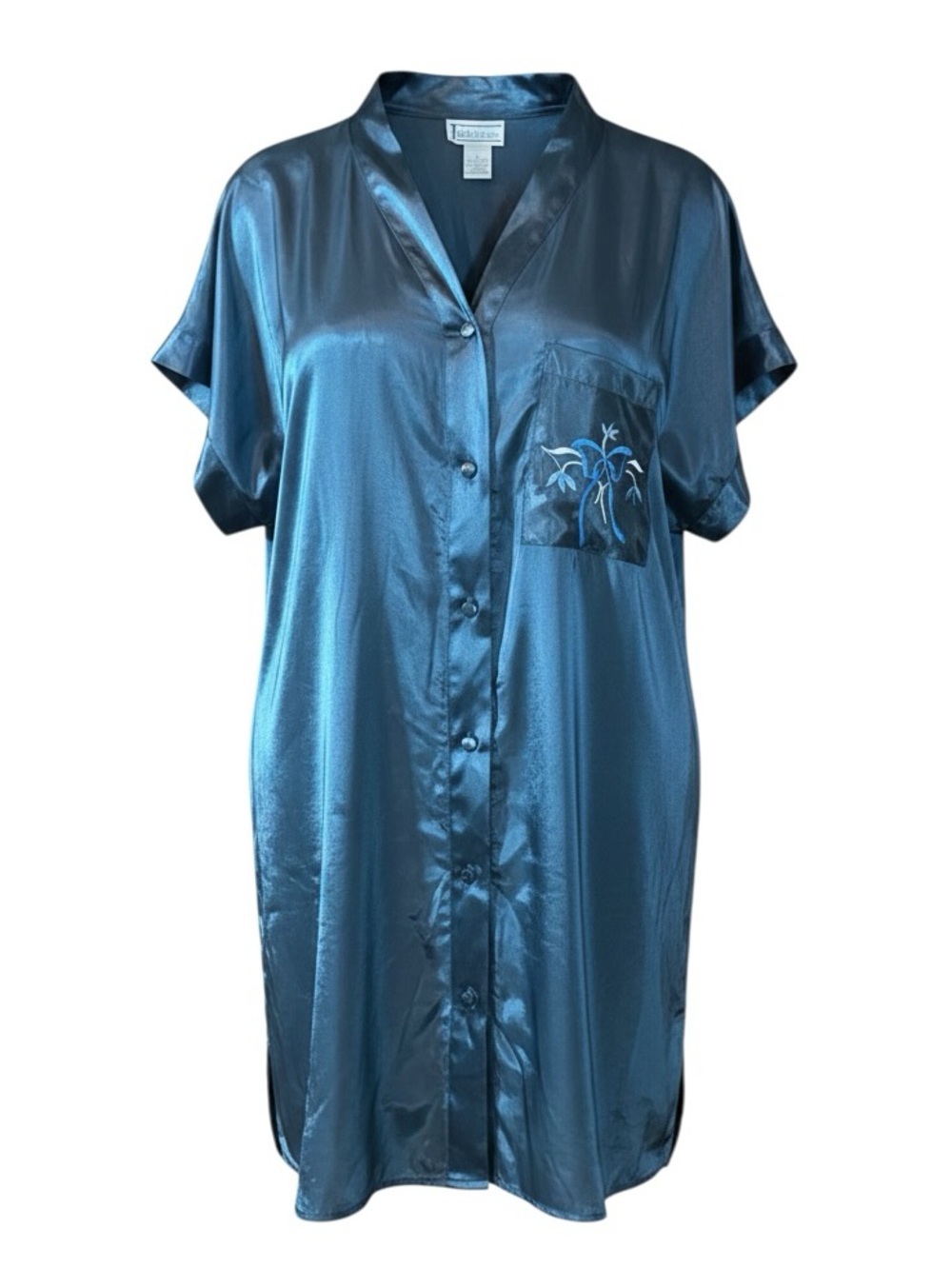 Silky Navy Embroidered Pocket Chemise - Vintage
